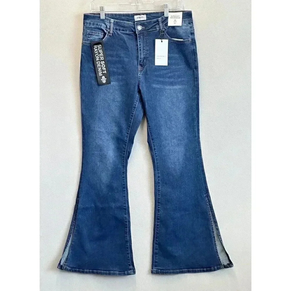 Bamboo Jeans Women's Sz 17 Super Soft Rayon High Rise Bootcut Flare Slit Denim
